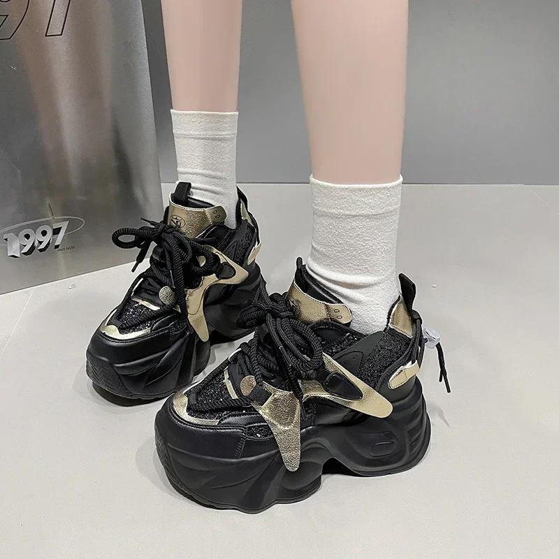 Fashion Women Bling Chunky Sneakers NEW Winter High Platform Warm Fur Shoes Ladies Wedges Casual Dad Shoes Leather Sports Sneakers 7.5CM