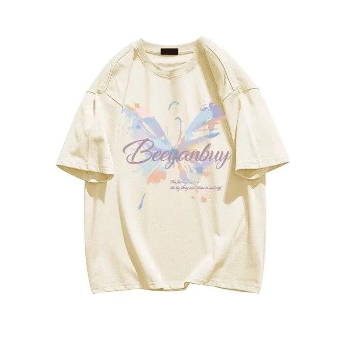 Sommer Uformelle y2k topper T-skjorter harajuku overdimensjonert sommerfugltrykk i ren bomull T-skjorte Grafisk Dame T-skjorter Hipster kawaii klær