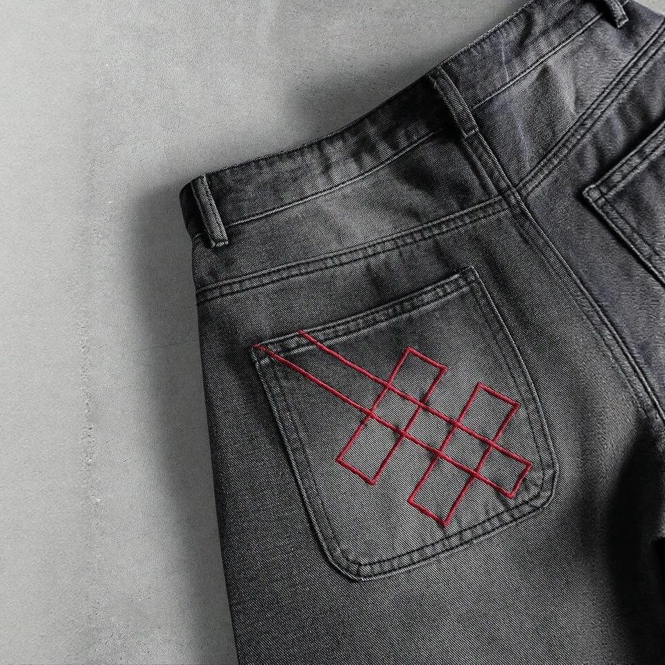 American Retro Washed Design Scimitar Jeans Men's High Sense of Black and Gray Gradual Change Loose Denim Trousers