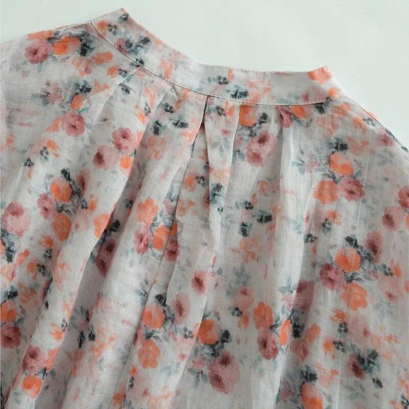 Johnature Women Vintage Ramie Print Floral Dress Seven Sleeve Autumn Robes Loose Button V-Neck A-Line Dresses