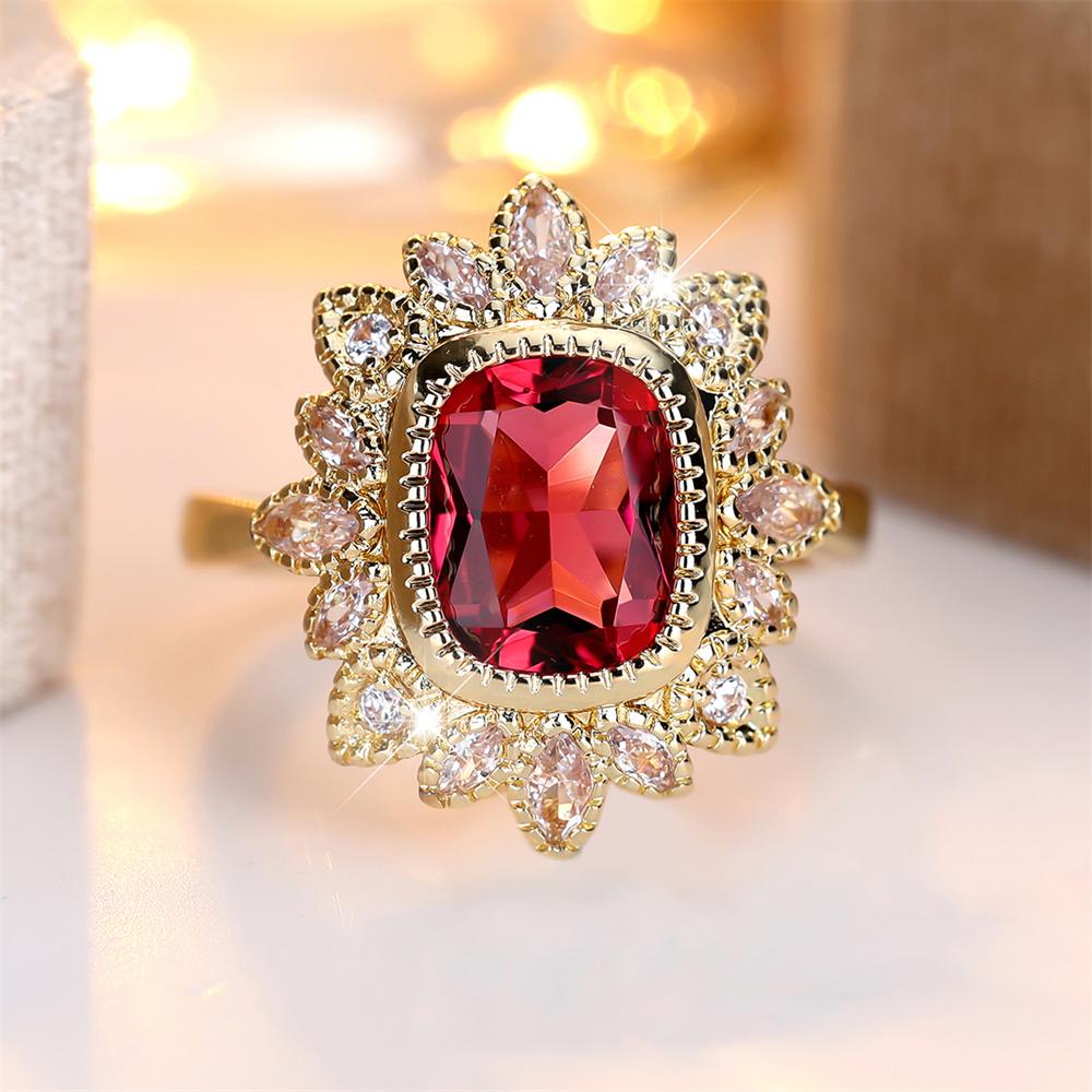Red Crystal Square Stone Cute Flower Rings For Women Vintage Gold Color Engagement Bands Wedding Jewelry Bridal Birthday Gifts