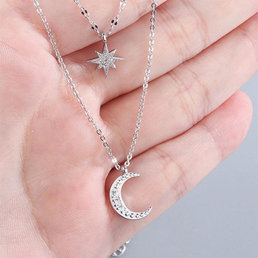 2024 Women's Sterling Silver Star & Moon Double Layer Necklace: Light Luxury, Personalized Summer Clavicle Chain