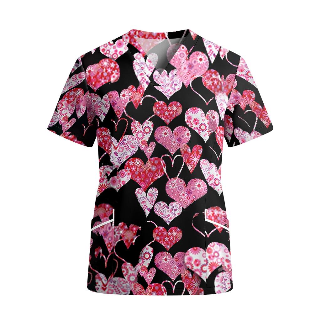 Womens V Neck Short Sleeve Printed Scrub Top with Pockets Animal Pattern Lightweight for Healthcare and Service Professionals
