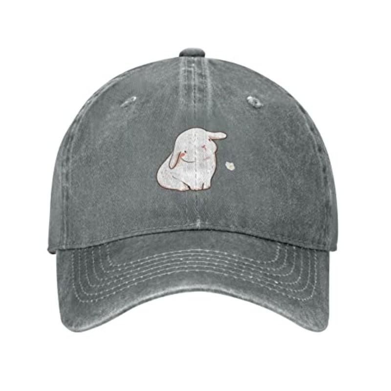 Cute White Bunny Baseball Cap Washed Cotton Distressed Adult Casual Sun Protection Adjustable Hat