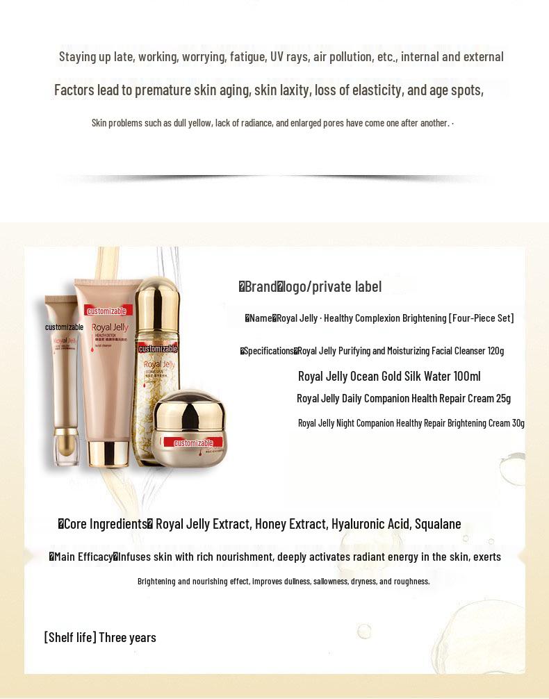 Royal Jelly Hydrating Skincare Set: Anti-Wrinkle Firming Cream, Toner, Lotion & Cleanser.