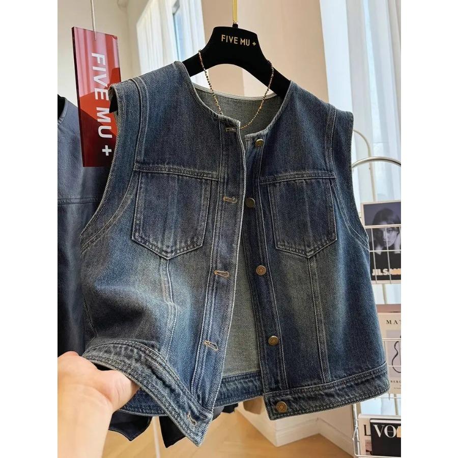 Vintage Women Denim Vest Jacket 2026 Spring Summer Sleeveless Casual Top Blue Jean Waistcoat Coat Lady Oversize Pocket Outerwear