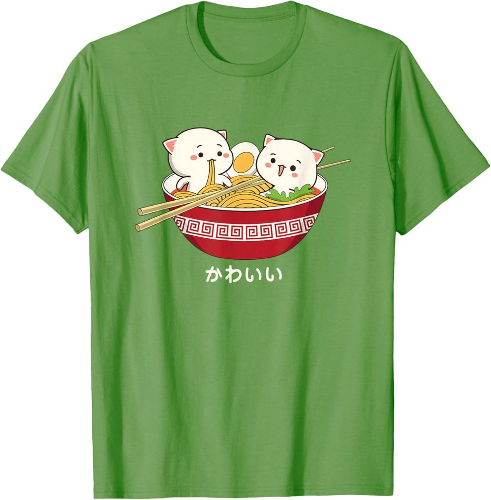 Kawaii Cat Ramen Eating Noodle Graphic Tee Cute Japanese Animal Lover Cotton T-Shirt For Unisex Teens