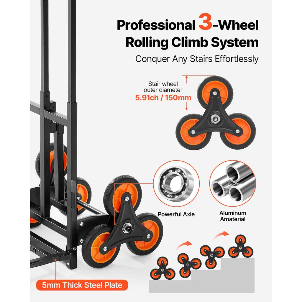 SucceBuy Stair Climbing Cart 220 lbs Stair-Climbing Capacity Heavy-Duty Folding Trolley Cart w/ Telescoping Handle for Groceries