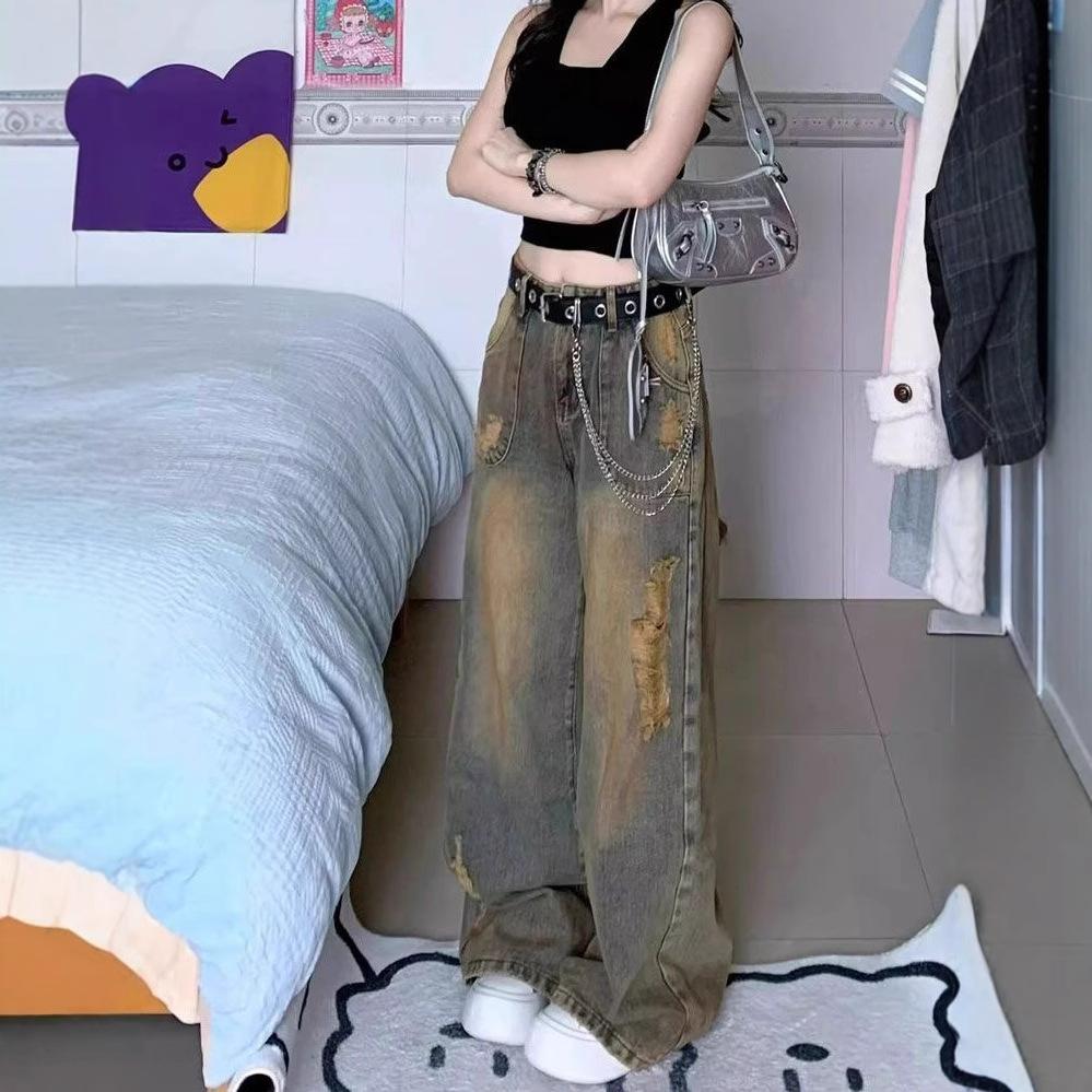 Washed Design Sense Niche Broken Hole Jeans Women Loose Large Yard Straight Straight Drag Floor Wide Leg Long Pants Jeans for Women Long Denim Pants