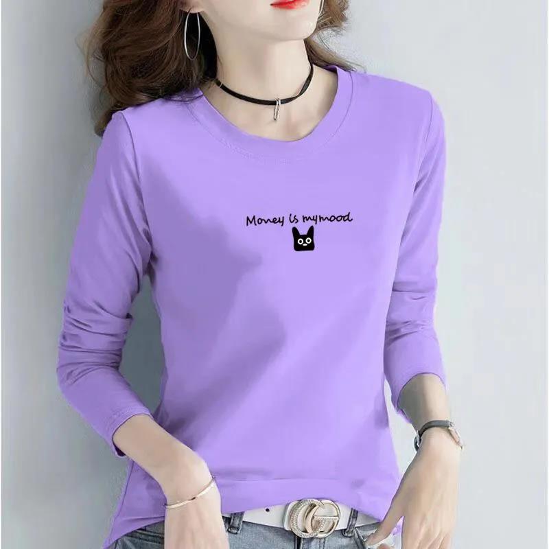 Jarní dámský pulovr s potiskem kočky, tričko s dlouhým rukávem, ležérní volné tričko, butikové spodní tričko