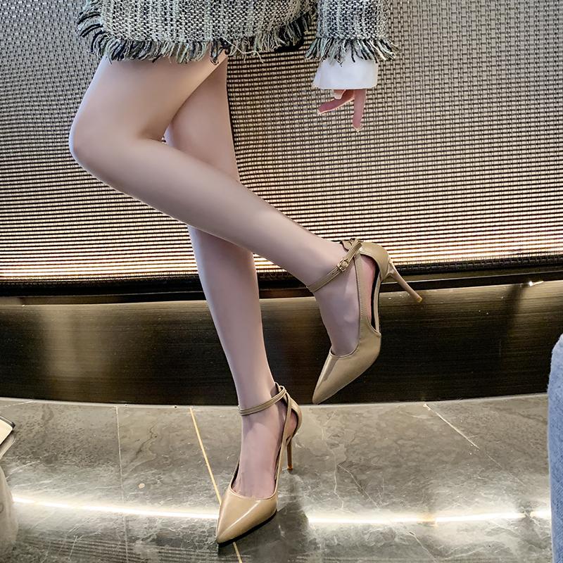 Metal Buckle Stiletto Sandals Autumn New Pointed Toe Shallow Mouth One Strap Anti-Slip Wear-Resistant High Heels