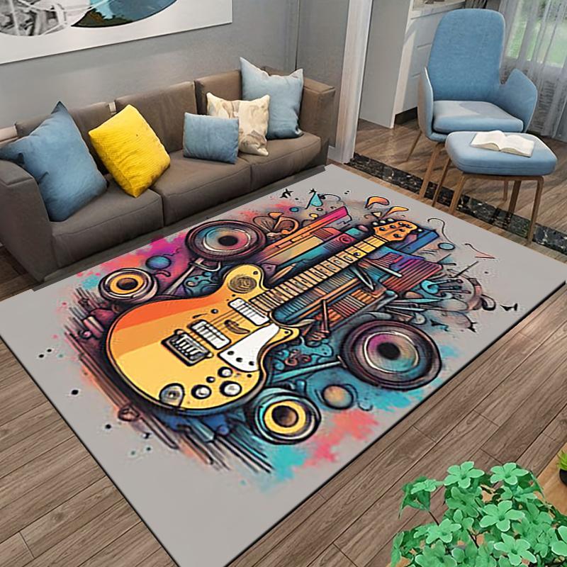 Colorful Electric Guitar Print Carpet with Speakers and Abstract Design Suitable for Use As an Anti-slip for Living Room Bedroom Sofas