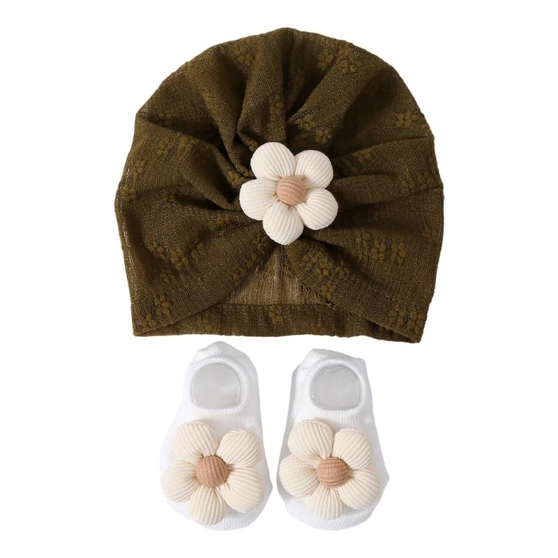 Elastic Infant Turban Hat Breathable Fetal Caps & Matching Socks Set Stylish Girls Clothing Accessories for Baby