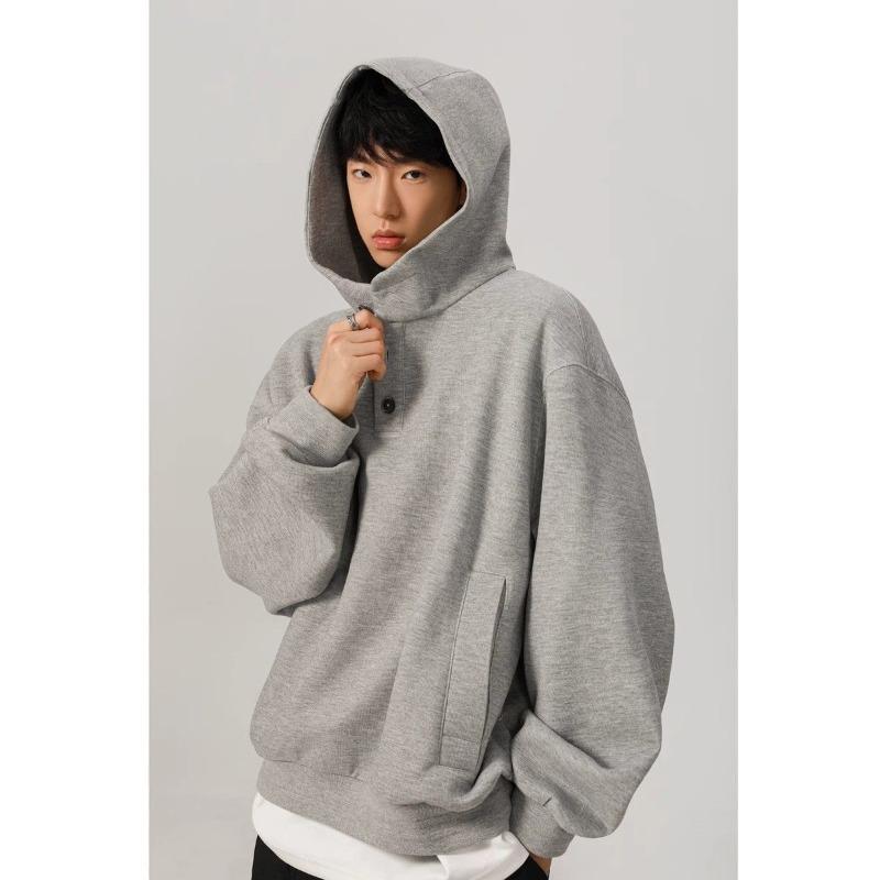Henley Collar Button Hooded Sweatshirt Men in Autumn Winter Trendy Brand Loose Niche Design Casual Jacket