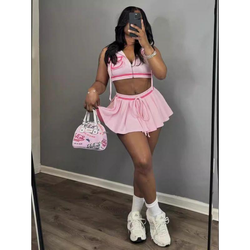 2024 Summer New European and American Sexy Gyaru Sports Girl Casual Zip-up Lace-up Short dress Set Women clothes