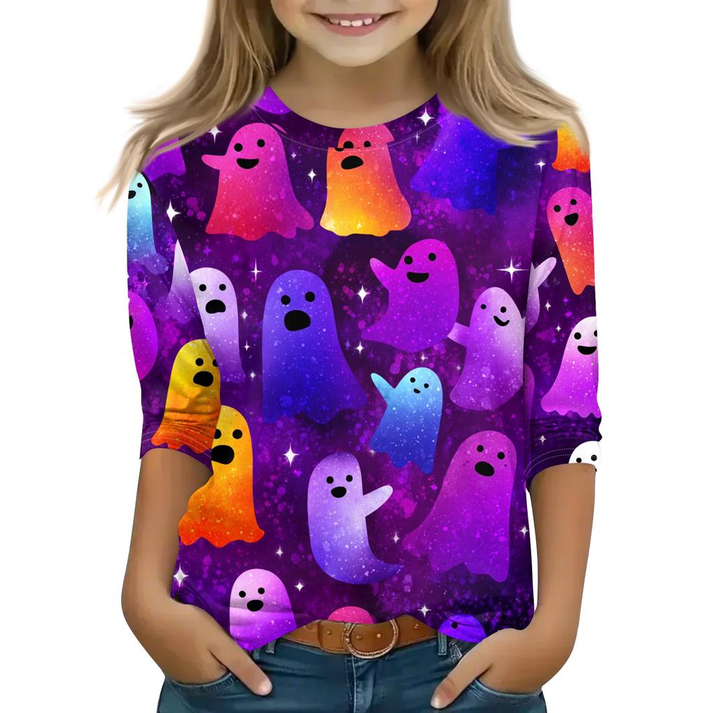 Print Tops For Youth Girls 5-16 Years Round Neck 3/4 Sleeves T-Shirts Trendy Tops Outfit Tees