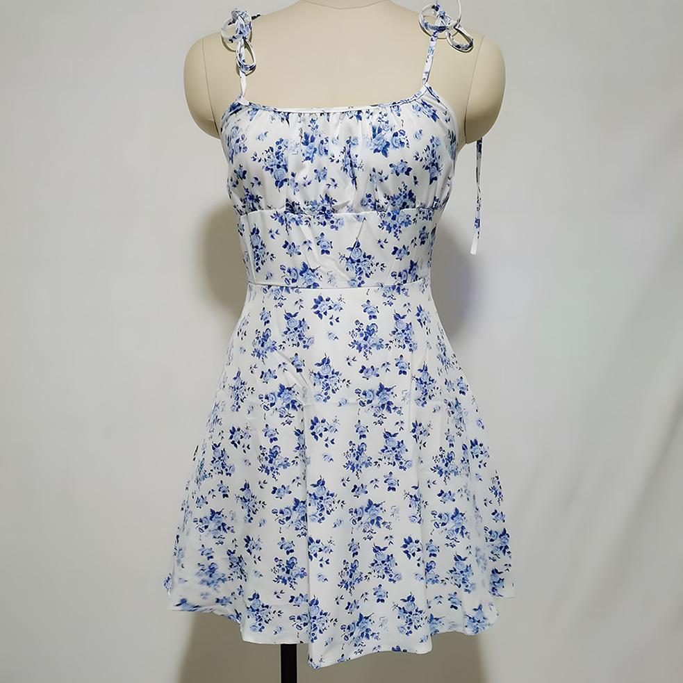 2025 Summer Floral Print Spaghetti Strap Dress - European & American Style with Square Neck and Short Skirt