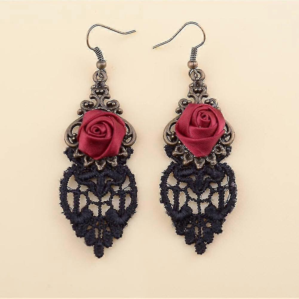 Halloween Vintage Gothic Vampire Red Rose Flower Lace Drop Dangle Hook Earrings