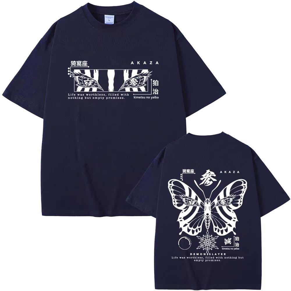Anime Demon Slayer Akaza Butterfly Eyes Graphic Tshirts Men Women Clothing Fashion Oversize Streetwear Man Casual Cotton T-shirt