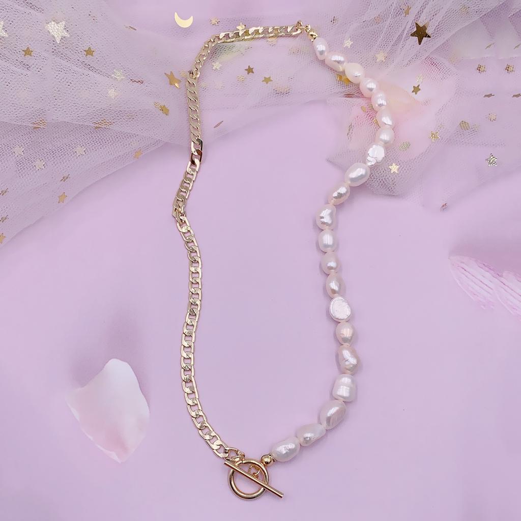Classic Style OT Buckle Cuban Chain Freshwater Pearl Necklace Half Chain Half Pearl Splicing Gold Necklace