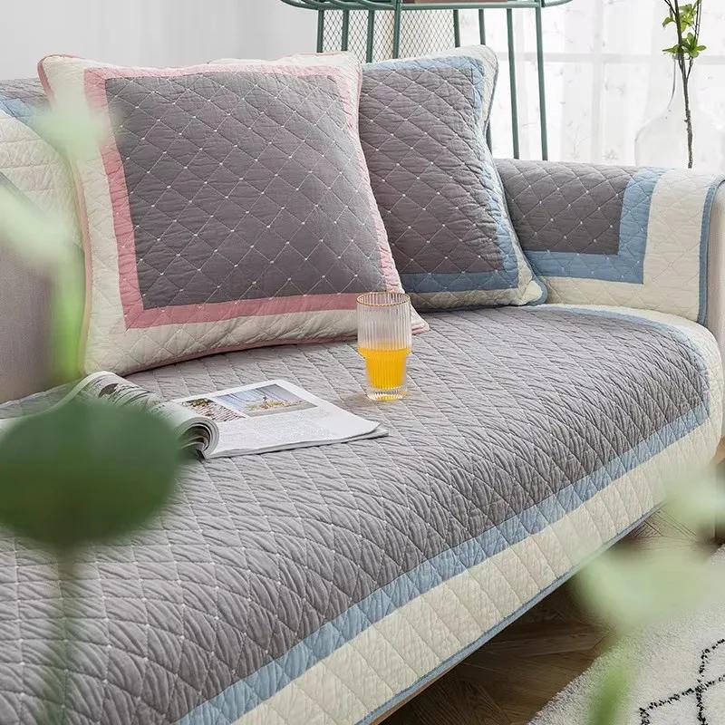 Grid Quilted Fabric Sofa Cover Slip Resistant Slipcover Printing Seat Cushion Sofa Towel Dust Cover Towel Couch For Living Room