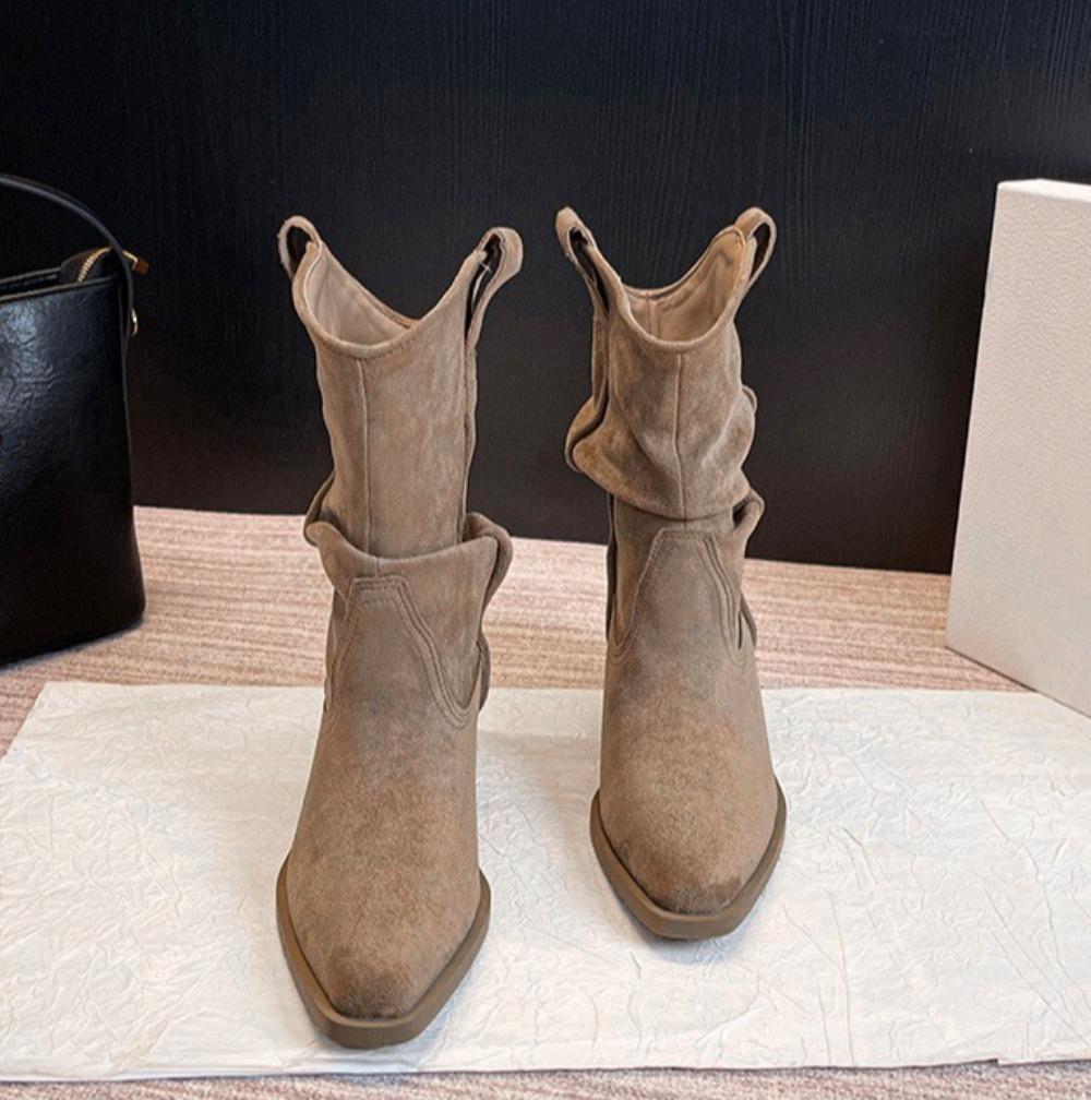 Women's Autumn Boots Thick Heel Pointed Boots Women's 2025 Autumn Winter New Retro Versatile Western Mid Tube Boots for Woman