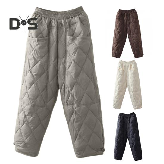 Damskie spodnie zimowe W pasie Wyściełane grube, jednokolorowe Luźne, miękkie, ciepłe kieszenie Rombowa tekstura Retro Casual Do kostek Damskie spodnie jesienne