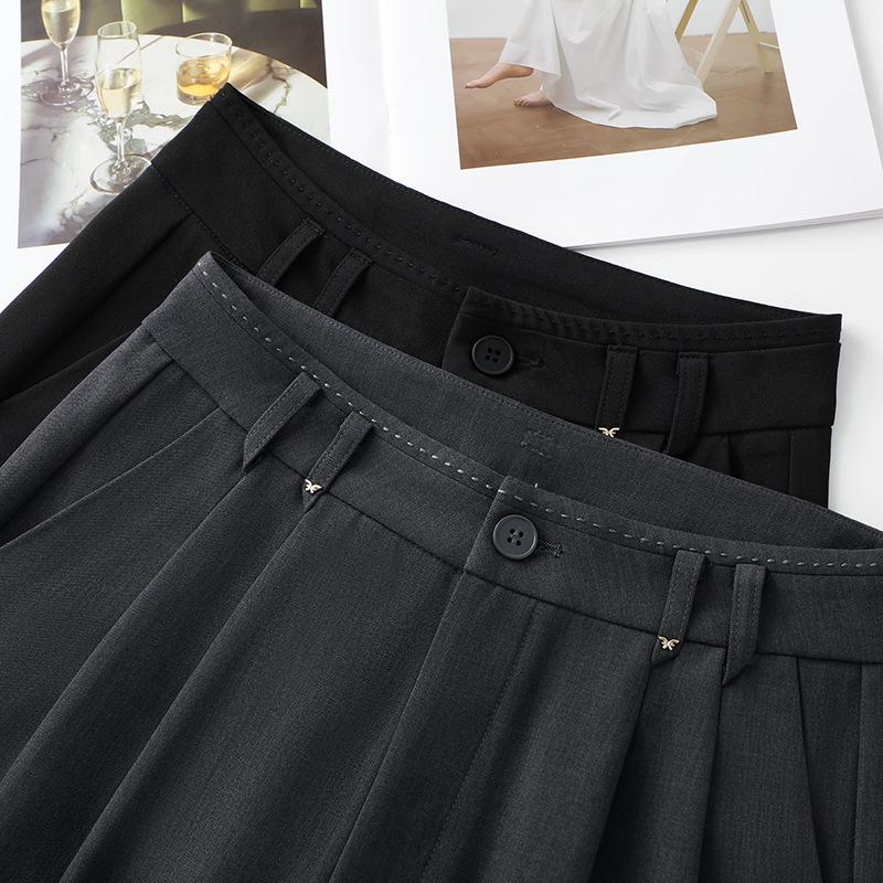 2025 Women's Gray Wide-Leg Floor-Length Pants - Summer Slimming, Loose Fit with a Drapey High-End Feel