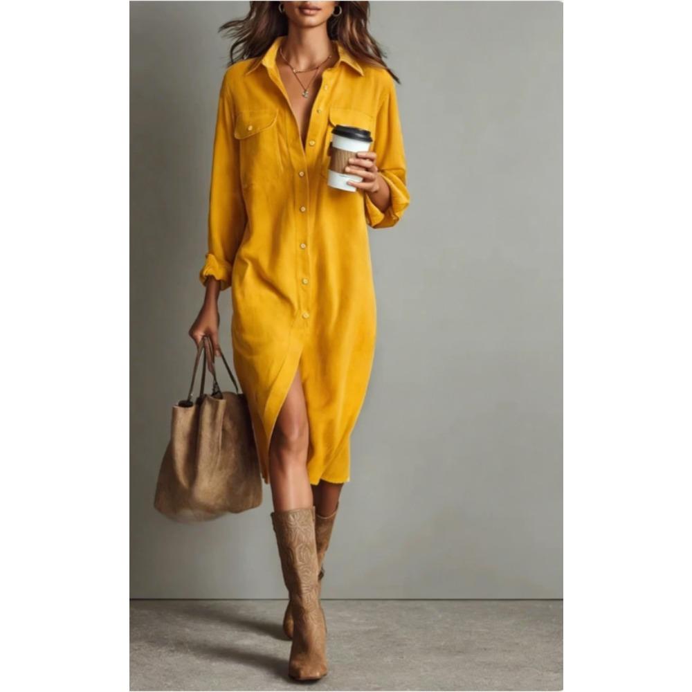 Women's Turn Down Collar Long Sleeve Loose Fit Corduroy Shirt Dress With Button Detail High Waist Solid Color Autumn Casual Commuter Midi Dress Outfit