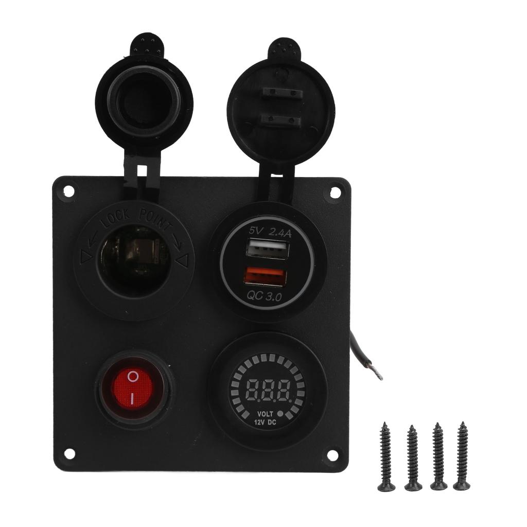 Multifunction 1 Gang Switch Panel with Dual QC3.0 USB Port Voltmeter Cigarette Lighter Holder 12V 24V for Buses Ships