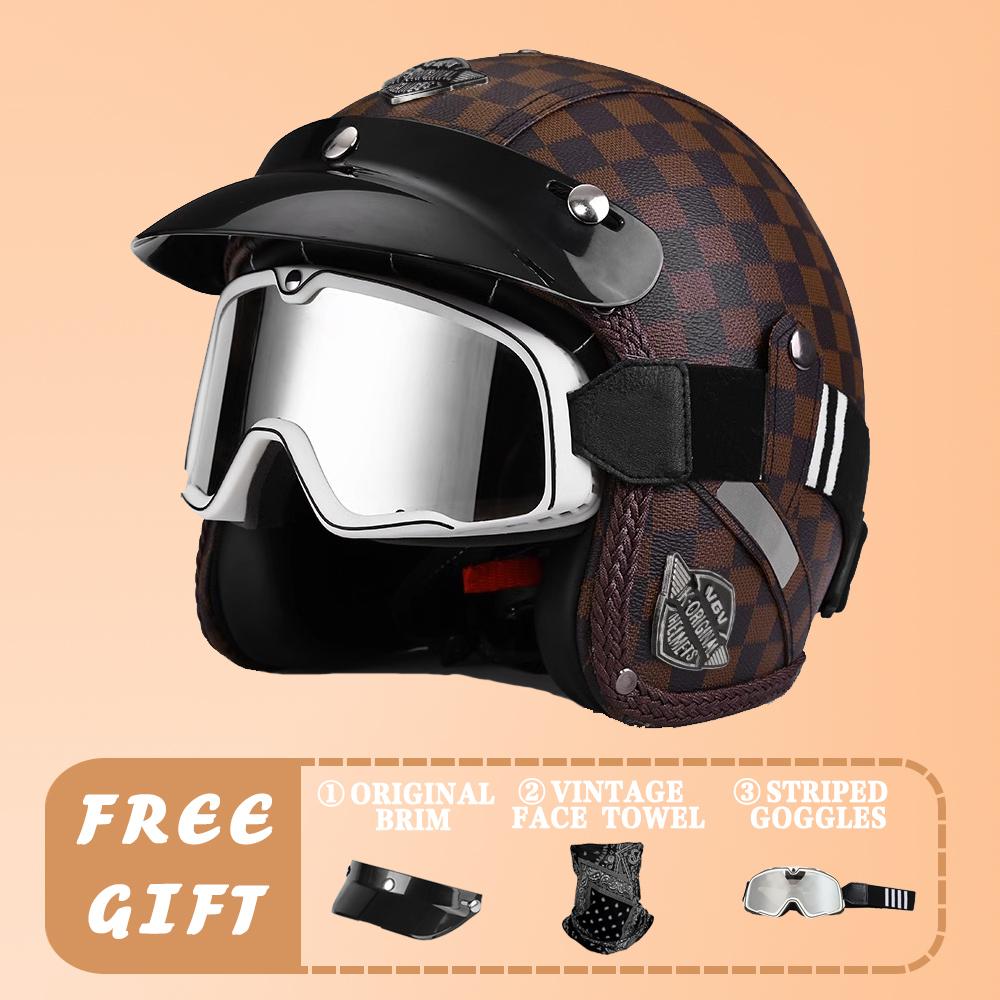 VGV Motorcycle Helmet DOT Certification Motorcycle Lightweight Four Seasons Street Helmet Three Quarters Vintage Half Helmet