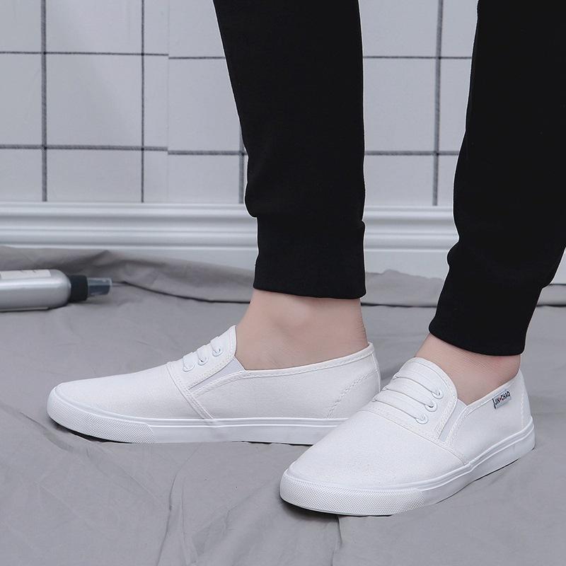 Medical Classroom Shoes One Pedal Canvas White Shoes Elastic Shoes Flat Bottom Light Three Times Vulcanized Rubber Shoes Men, Board Shoes