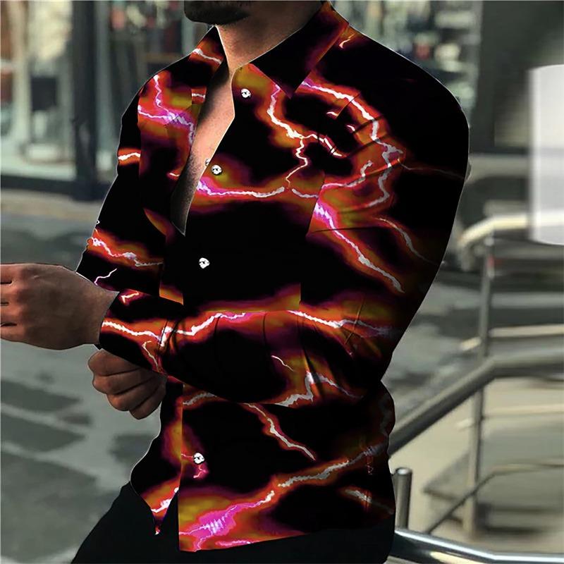 Men's Long-sleeved Shirt with Trendy Purple Lightning Flash Print Design, Stylish and Casual Open-front Top, Sizes