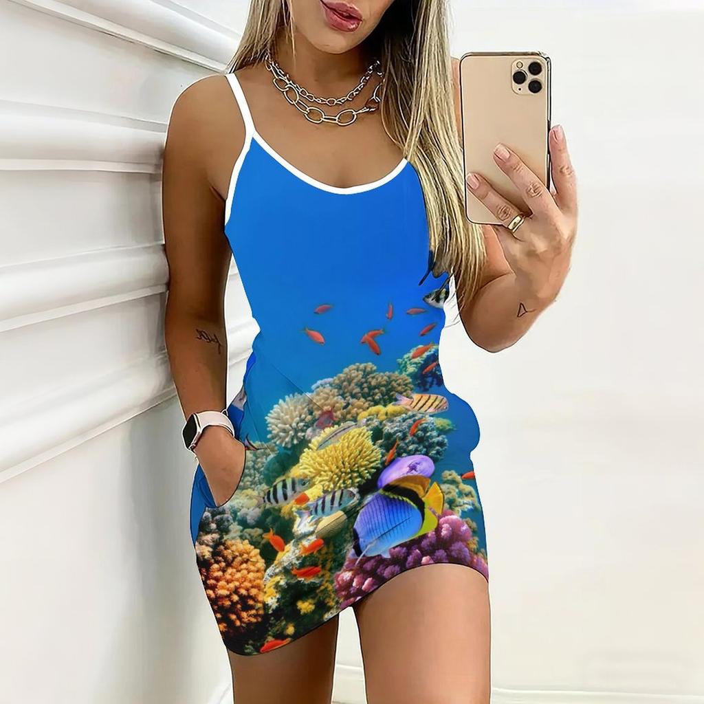 Summer New Style Seaside Print Sleeveless Bodycon Dress with Pockets Sexy Slim Fit Elegant Party Dress