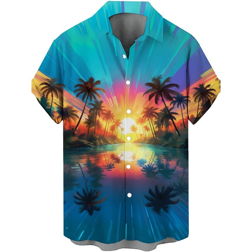 Men's Hawaiian Shirts Summer Casual Hawaiian Palm Tree Landscape Print Button Lapel Short Sleeve Shirts Men's Short Sleeve Shirt
