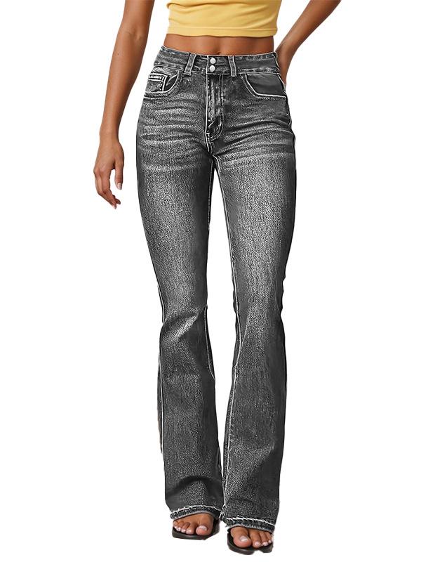 

Women s Retro Elastic Denim Jeans: Washed Mid-Waist Micro-Flare Long Pants in European & American Street Style XXL серый ясень