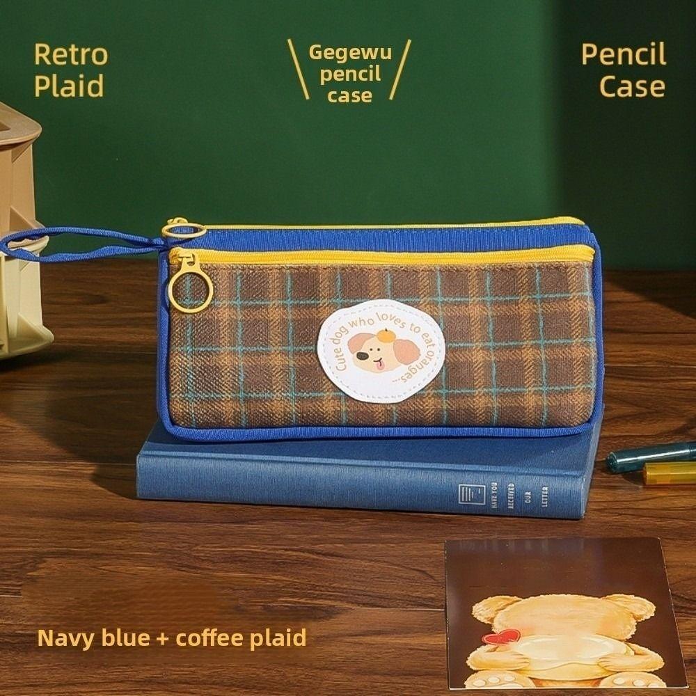 Grid Pattern Retro Grid Stationery Bag Cute Animal Pencil Pouch Vintage Plaid Pen Bag  Student