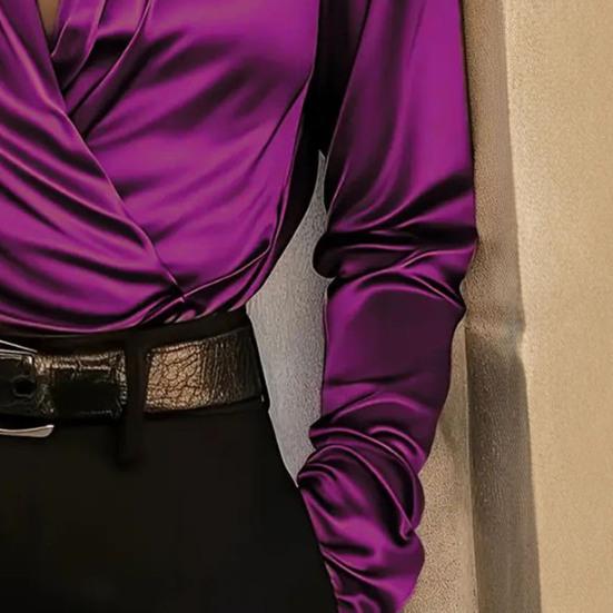 Damen Shirt V-Ausschnitt Langarm Plissee-Design Pullover Tops Einfarbig Lockere Passform Drei