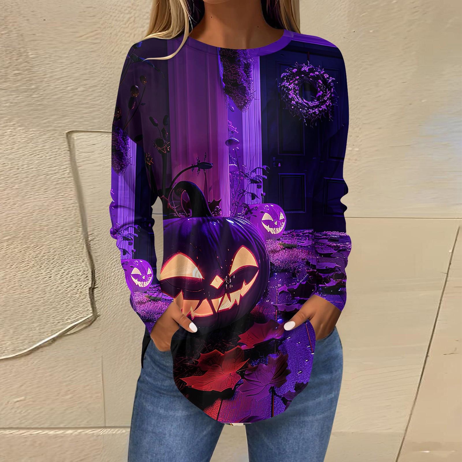 Женская свободная футболка с длинным рукавом с круглым вырезом и принтом — фото 8