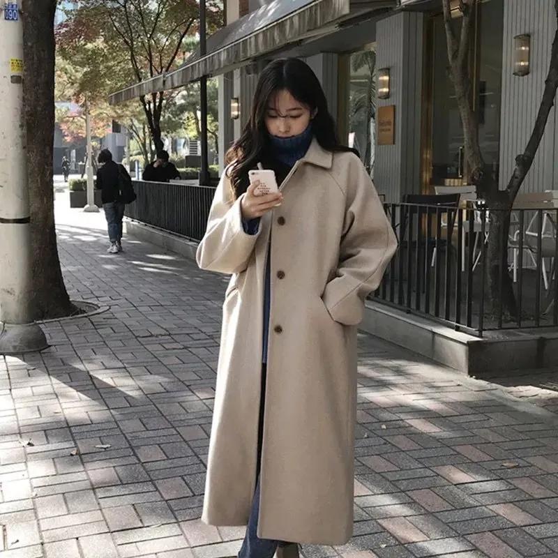 Women's Woollen Coats Ladies Solid Casual Loose Black Beige Wool Coat Female Autumn Winter Cashmere Long Buttons Coats