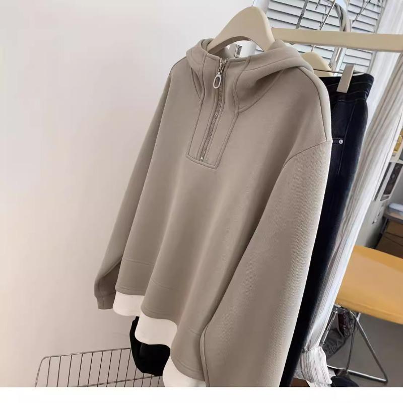 Fake two pieces fleece thickened semi-zipper hooded sweater women's autumn, winter and winter shoulder small pullover loose