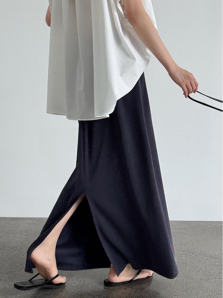 LUXI Korean-Style A-line High Waist Drawstring Maxi Skirt, Summer Casual 2673