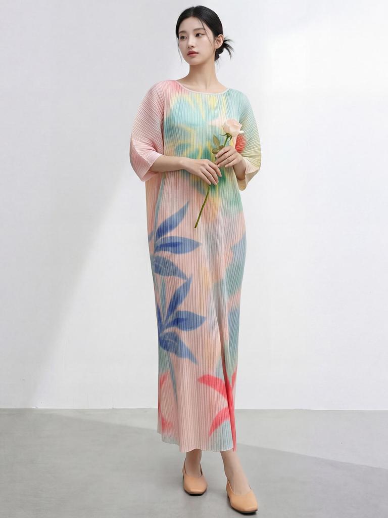 Miyake Women's Summer Long Dress: High-End, Loose, Plus Size, Printed Batwing Sleeve, Elegant Skirt.
