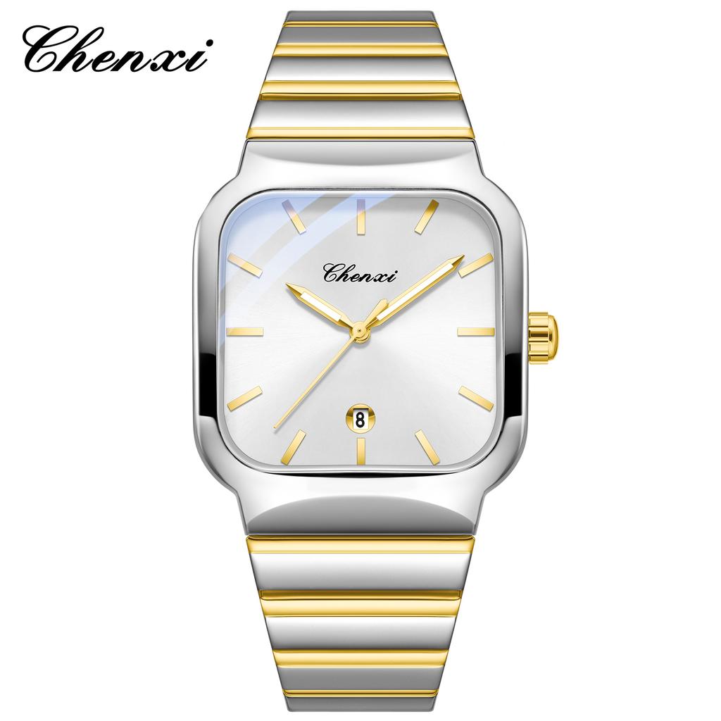 Chenxi Business Casual Square Quartz Men's Watches Stainless Steel Date Calendar Noctilucent Fashion Male Waterproof Watch Gifts