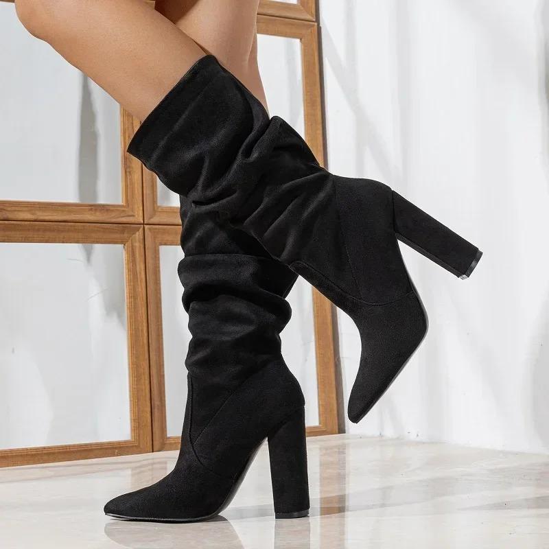Autumn Winter Pleated Ankle Boots Women Pointed Toe Square High Heels Shoes Fashion Modern Short Botas Para Mujer