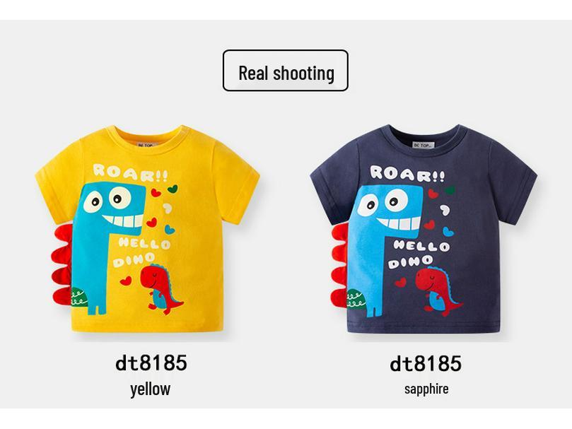 Dětské kreslené bavlněné tričko s dinosaurem - Chlapecké s krátkým rukávem, kulatým výstřihem, korejský styl