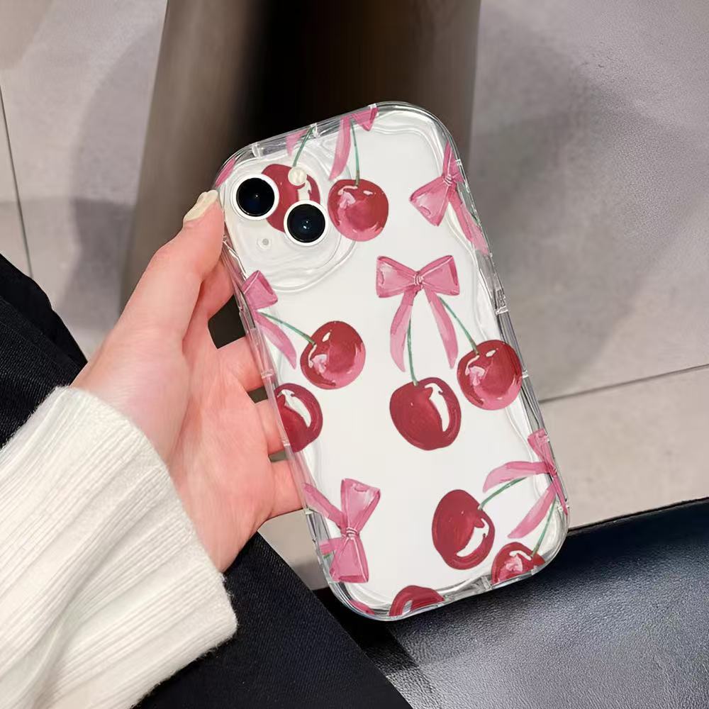 Cute Red Cherry Butterfly 3D Wave Phone Case for iPhone 17 Air 16 15 14 Plus 13 12 11 Pro Max 16E XR XS X 7 8 Silicone Cover