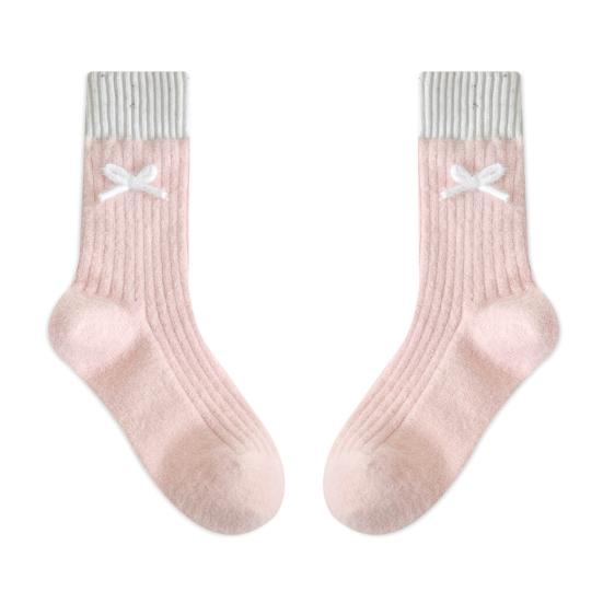 

Women Winter Crew Socks Ribbed Warm Stretchy Socks with Bow Breathable Thickened Casual Socks for Home Sleep Daily Errands