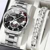 2pcs Mens Silver Quartz Watch With Stainless Steel Bracelet Men Business Casual Watch Luminous Clock