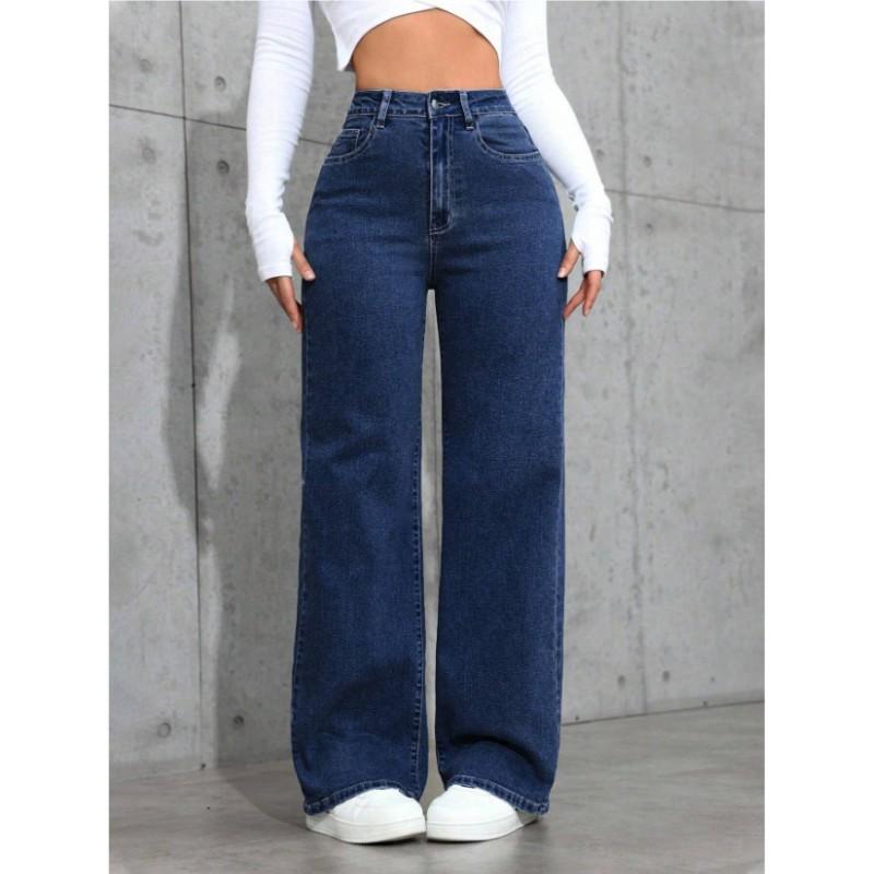 Damen Lockere Gerade Weite Jeans Hohe Taille Baumwolle Denim Hosen Streetwear Mode